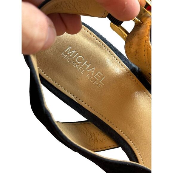 Michael Kors 6M Women's Black Suede Peep-Toe Slingback Heels With Gold Buckle - Picture 10 of 13